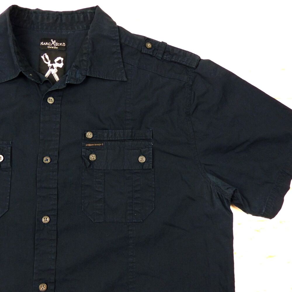 VTG Marc Ecko Cut & Sew Y2k Utility Camp Shirt Men XL Navy Blue Button Grunge